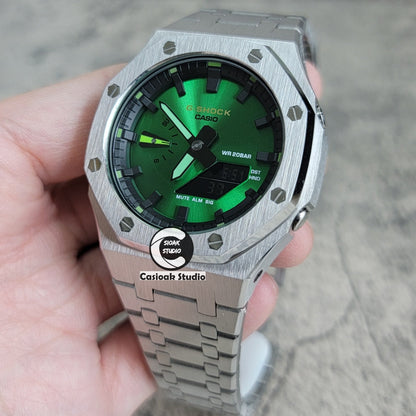 Casioak Mod Silver Case Metal Strap Green Black Time Mark Green Dial 44mm- Casioak Mod Casio G-Shock Royal Oak Custom Mens Luxury Watches Ga2100