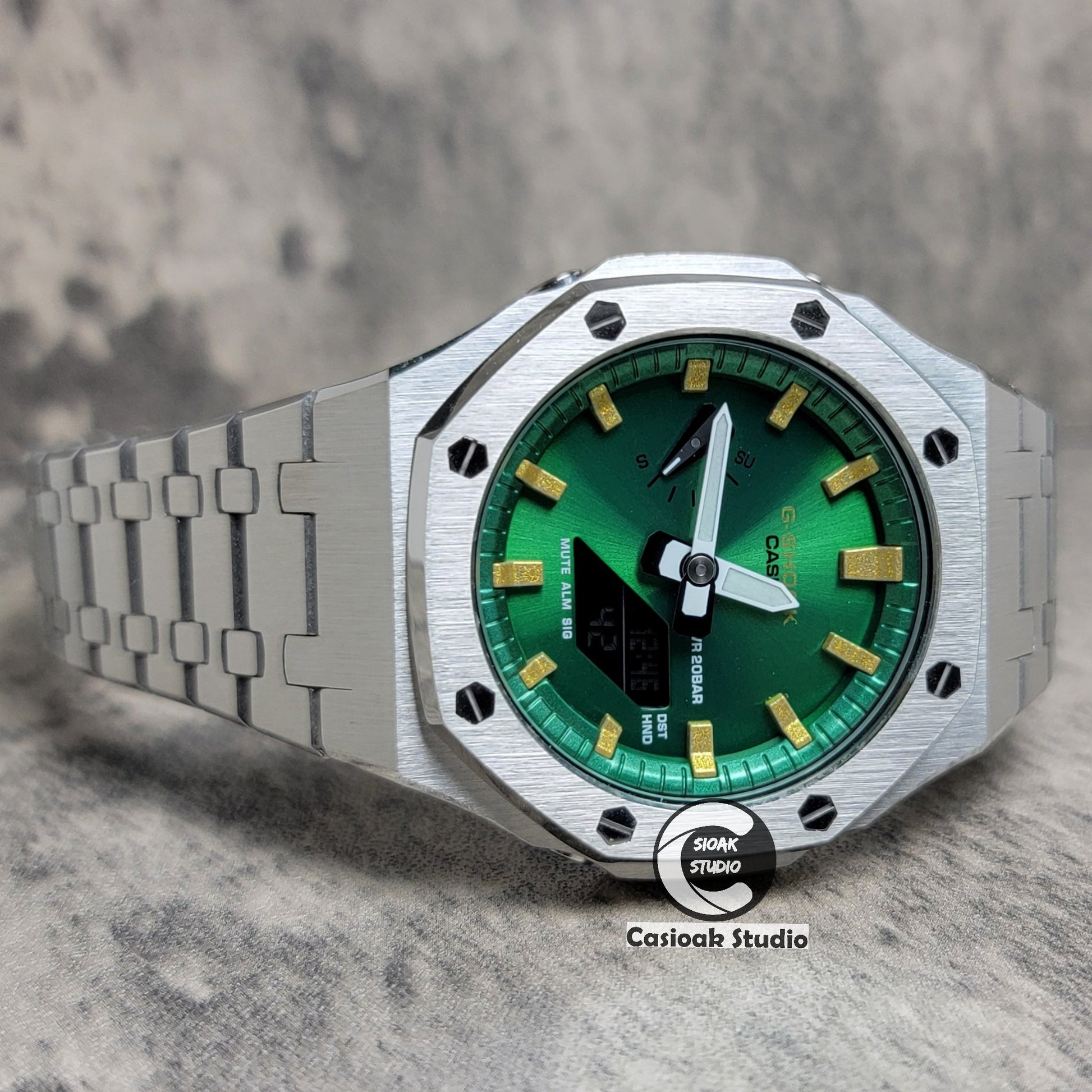 Casioak Mod Silver Case Metal Strap Green Gold Time Mark Green Dial 44mm- Casioak Mod Casio G-Shock Royal Oak Custom Mens Luxury Watches Ga2100