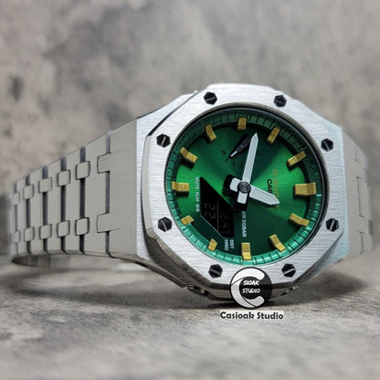 Casioak Mod Silver Case Metal Strap Green Gold Time Mark Green Dial 44mm- Casioak Mod Casio G-Shock Royal Oak Custom Mens Luxury Watches Ga2100