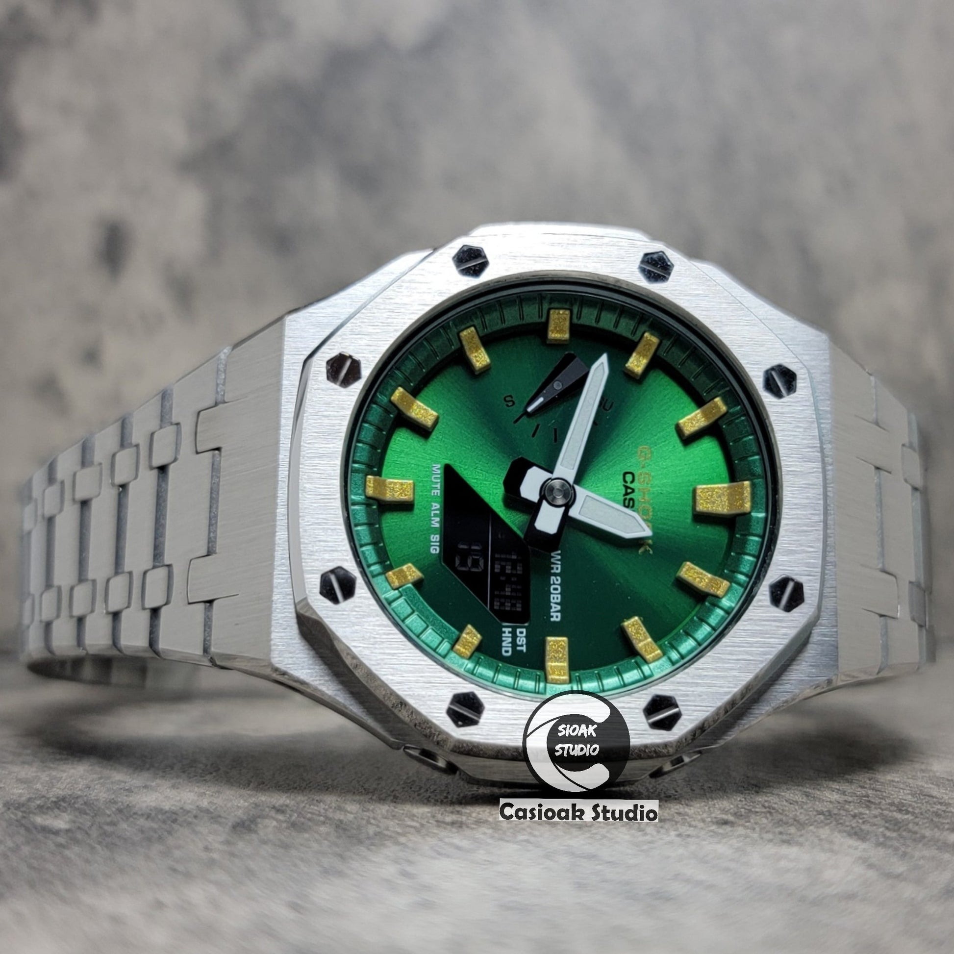 Casioak Mod Silver Case Metal Strap Green Gold Time Mark Green Dial 44mm- Casioak Mod Casio G-Shock Royal Oak Custom Mens Luxury Watches Ga2100