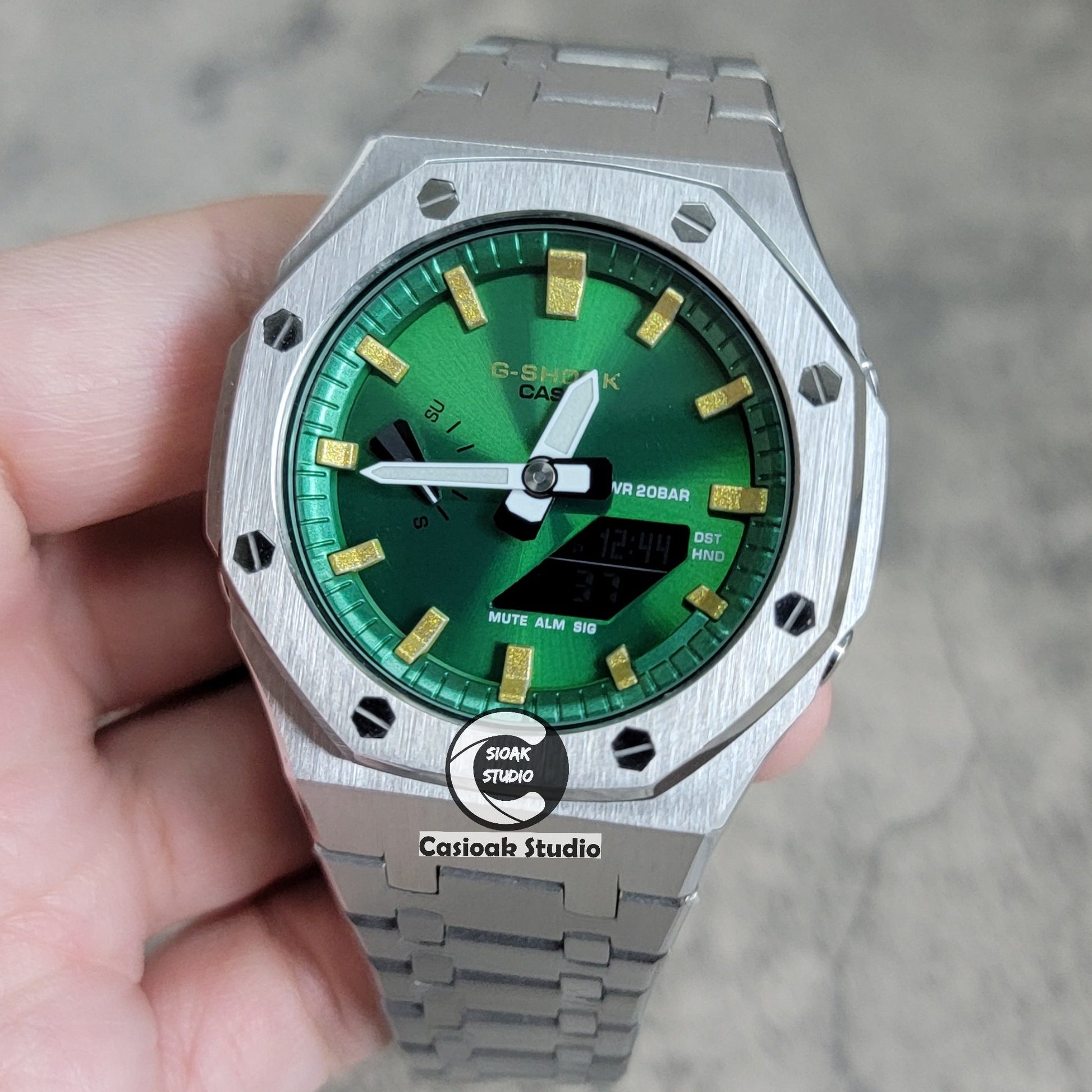 Casioak Mod Silver Case Metal Strap Green Gold Time Mark Green Dial 44mm- Casioak Mod Casio G-Shock Royal Oak Custom Mens Luxury Watches Ga2100