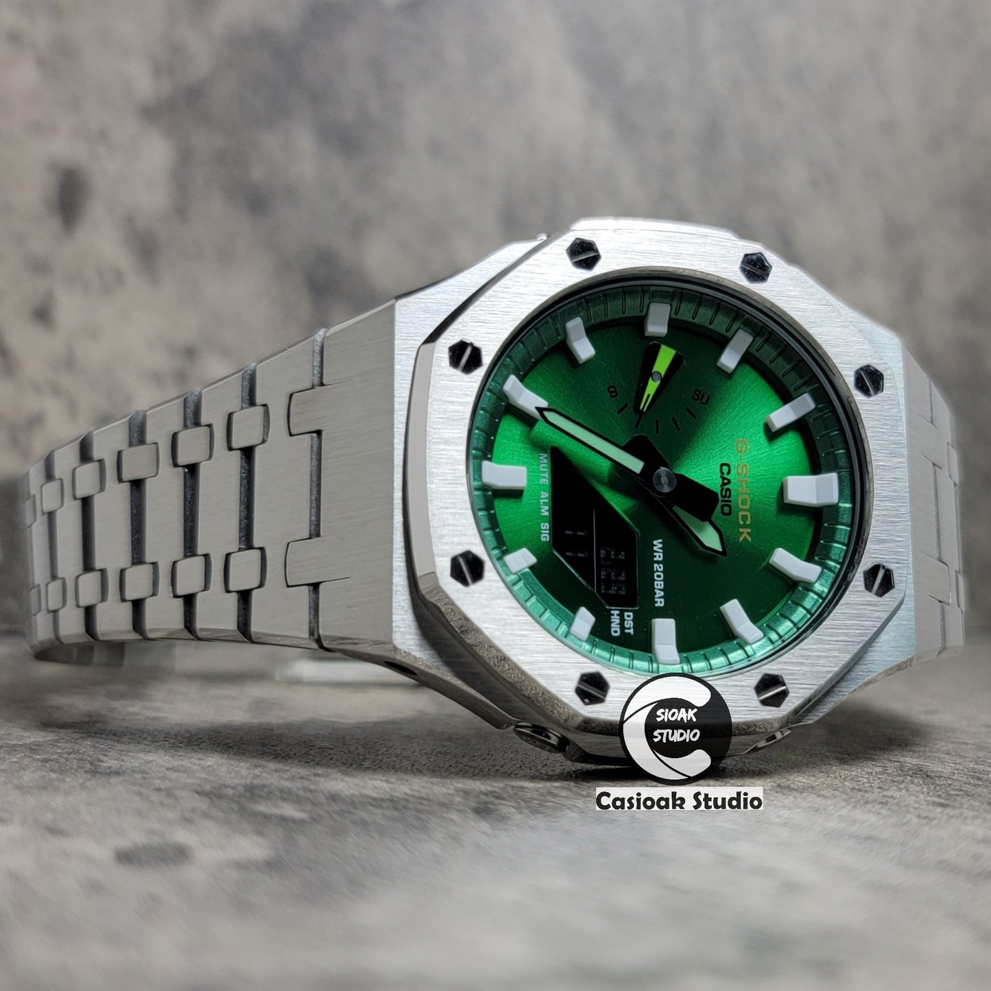 Casioak Mod Silver Case Metal Strap Green White Time Mark Green Dial 44mm- Casioak Mod Casio G-Shock Royal Oak Custom Mens Luxury Watches Ga2100