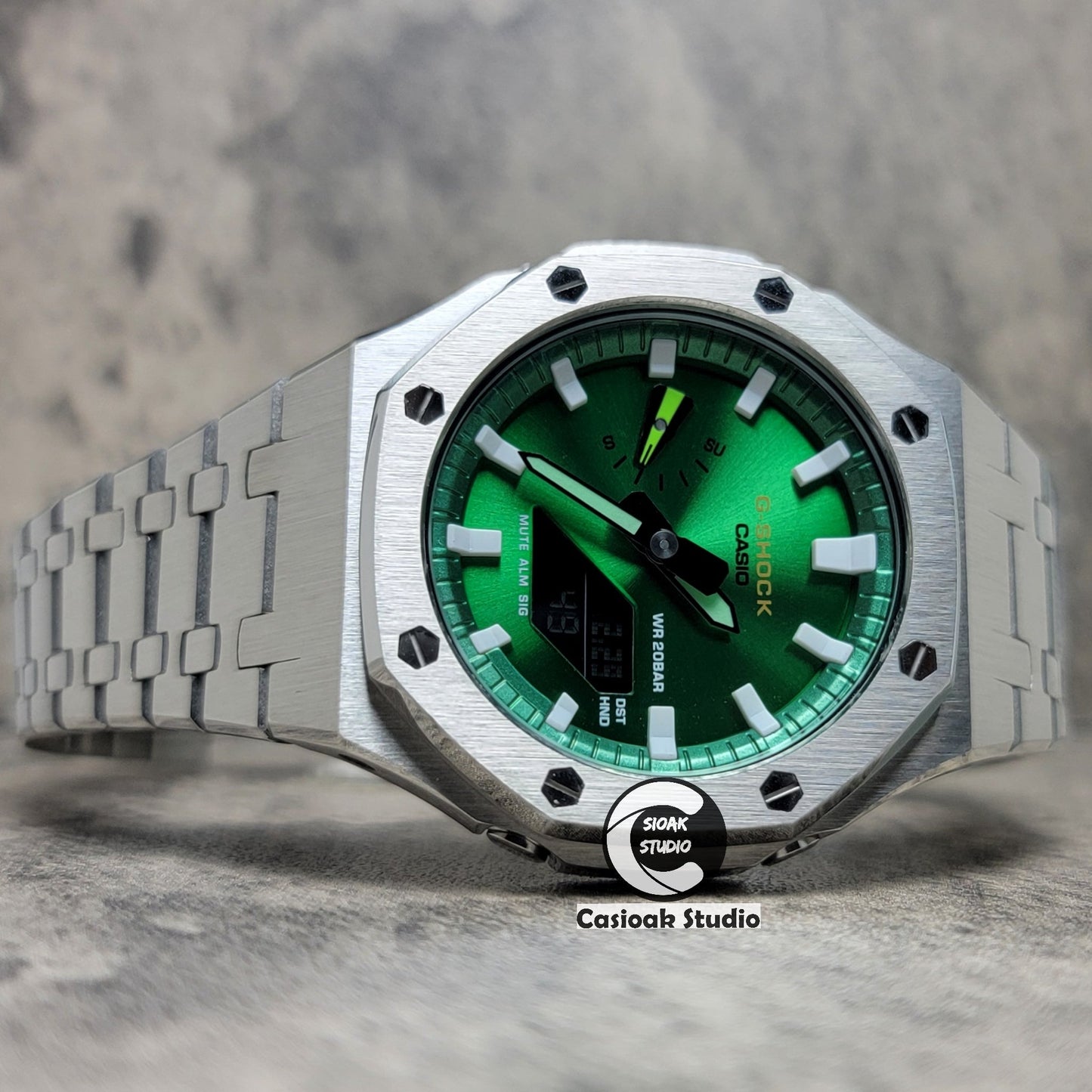 Casioak Mod Silver Case Metal Strap Green White Time Mark Green Dial 44mm- Casioak Mod Casio G-Shock Royal Oak Custom Mens Luxury Watches Ga2100