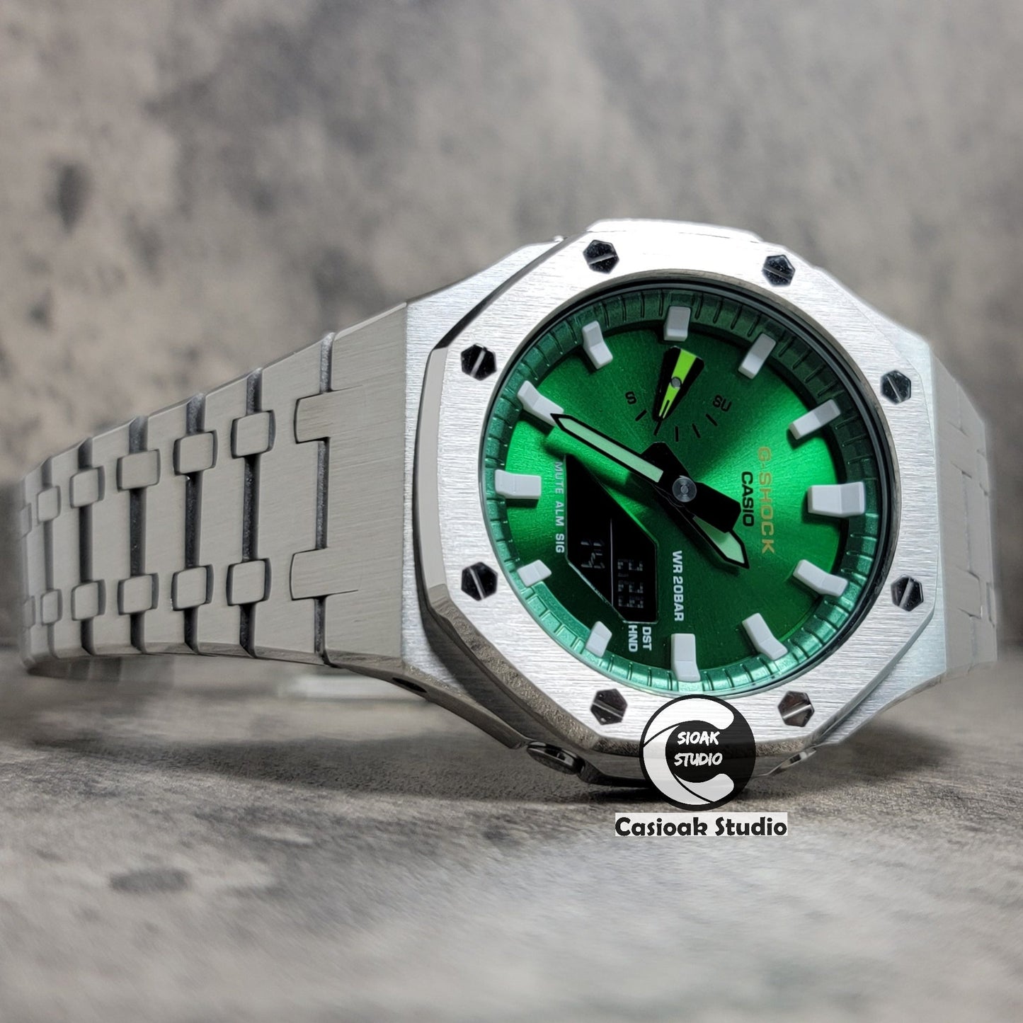 Casioak Mod Silver Case Metal Strap Green White Time Mark Green Dial 44mm- Casioak Mod Casio G-Shock Royal Oak Custom Mens Luxury Watches Ga2100