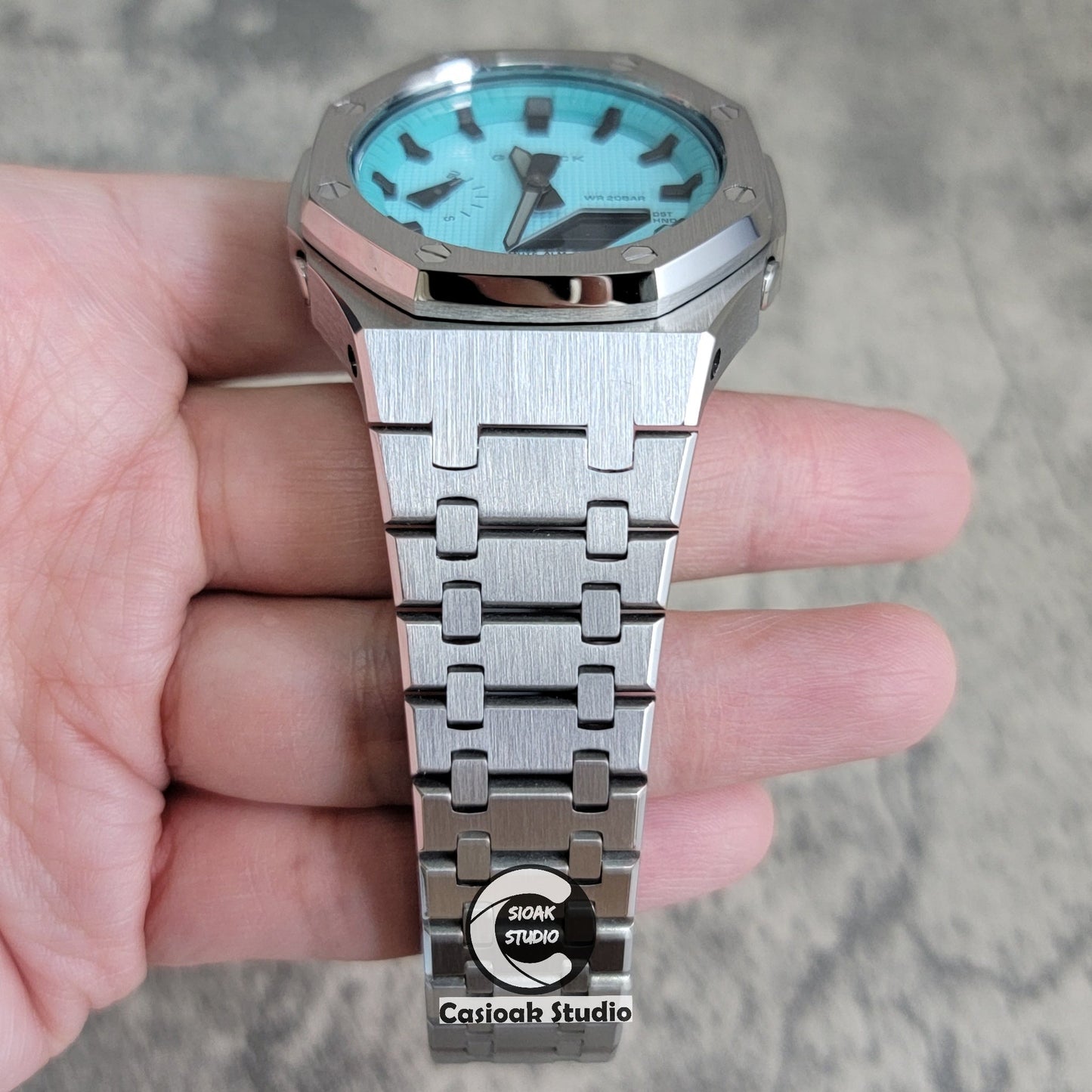 Casioak Mod Silver Case Metal Strap Tiff Blue Black Time Mark Tiff Blue Dial 44mm- Casioak Mod Casio G-Shock Royal Oak Custom Mens Luxury Watches Ga2100