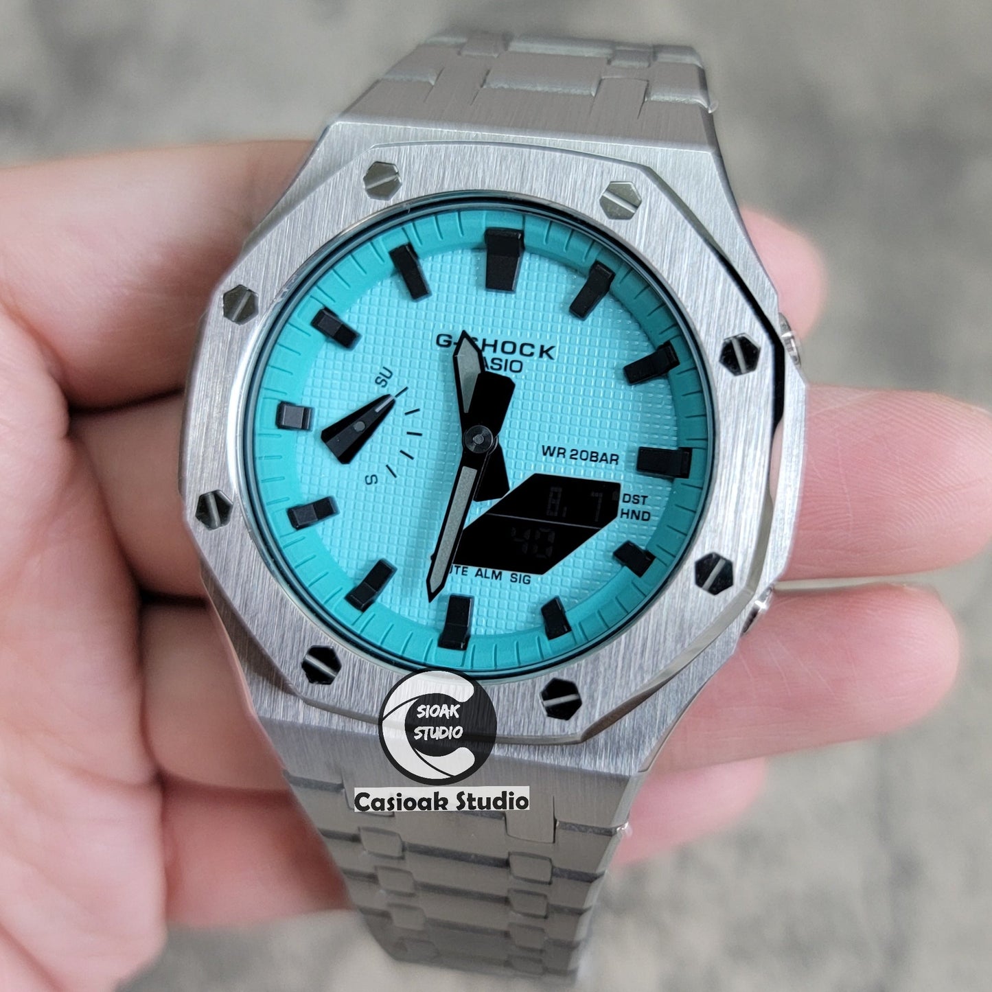 Casioak Mod Silver Case Metal Strap Tiff Blue Black Time Mark Tiff Blue Dial 44mm- Casioak Mod Casio G-Shock Royal Oak Custom Mens Luxury Watches Ga2100