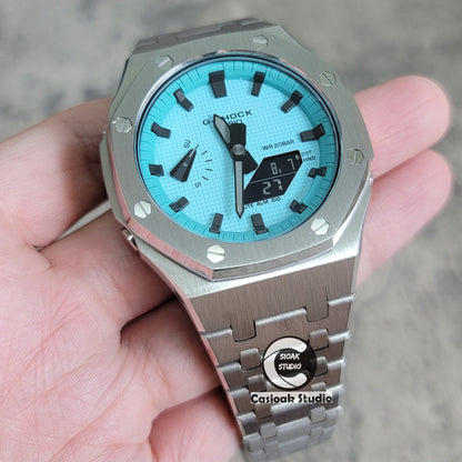 Casioak Mod Silver Case Metal Strap Tiff Blue Black Time Mark Tiff Blue Dial 44mm- Casioak Mod Casio G-Shock Royal Oak Custom Mens Luxury Watches Ga2100