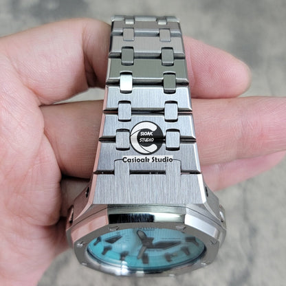 Casioak Mod Silver Case Metal Strap Tiff Blue Black Time Mark Tiff Blue Dial 44mm- Casioak Mod Casio G-Shock Royal Oak Custom Mens Luxury Watches Ga2100