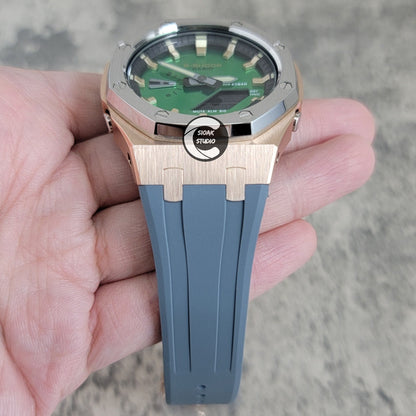 Casioak Mod Silver Rose Gold Case Metal Strap Black Gold Time Mark Green Dial 44mm- Casioak Mod Casio G-Shock Royal Oak Custom Mens Luxury Watches Ga2100