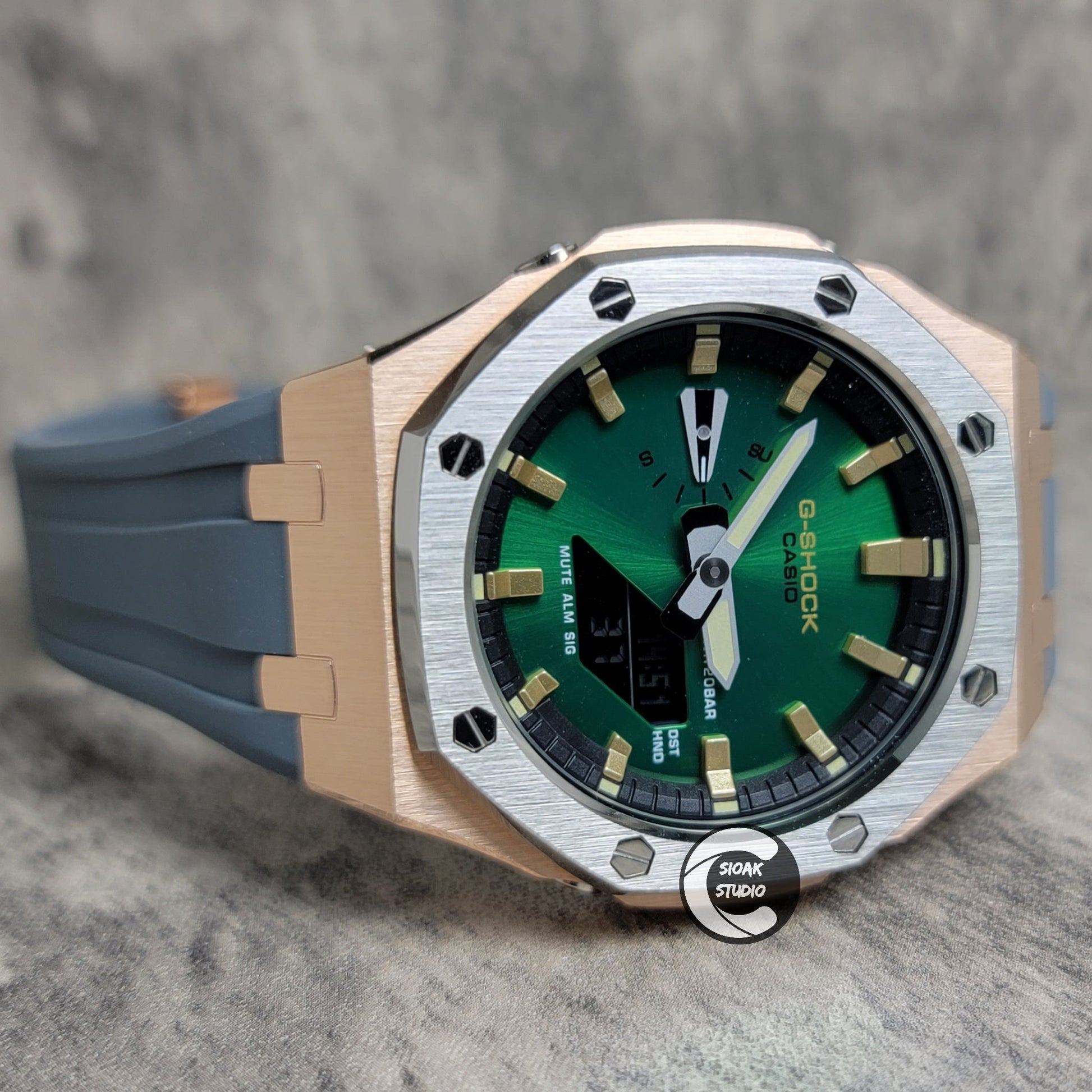 Casioak Mod Silver Rose Gold Case Metal Strap Black Gold Time Mark Green Dial 44mm- Casioak Mod Casio G-Shock Royal Oak Custom Mens Luxury Watches Ga2100