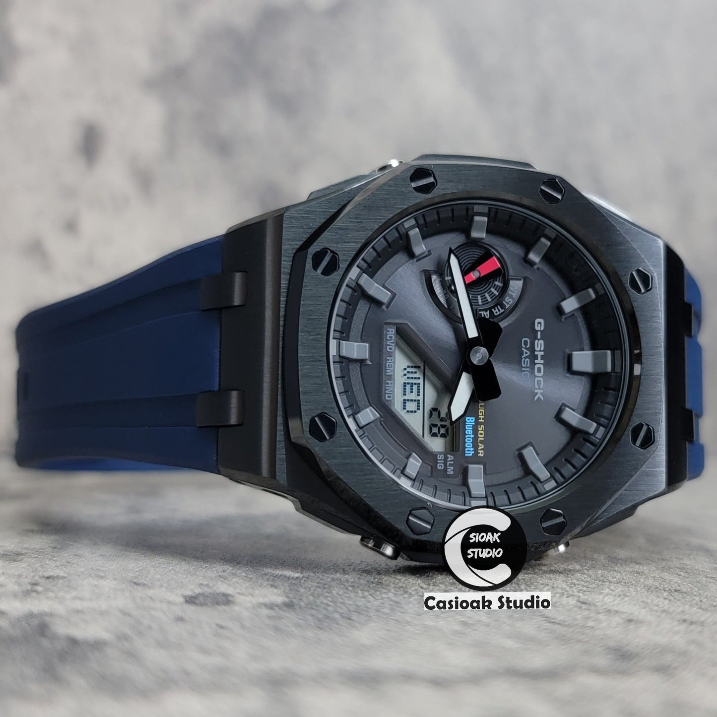 Casioak Mod Solar Bluetooth Offshore Superior Case Blue Rubber Strap Black Gray Time Mark Black Dial 44mm- Casioak Mod Casio G-Shock Royal Oak Custom Mens Luxury Watches Ga2100