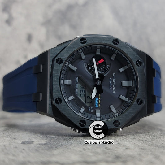 Casioak Mod Solar Bluetooth Offshore Superior Case Blue Rubber Strap Black Gray Time Mark Black Dial 44mm- Casioak Mod Casio G-Shock Royal Oak Custom Mens Luxury Watches Ga2100