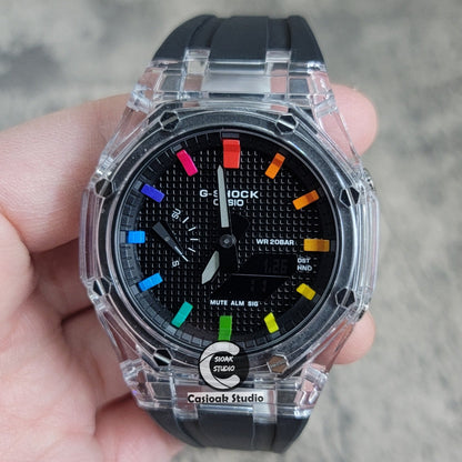 Casioak Mod Transparent Case Black Strap Black Rainbow Time Mark BlackWaffle Dial 44mm- Casioak Mod Casio G-Shock Royal Oak Custom Mens Luxury Watches Ga2100