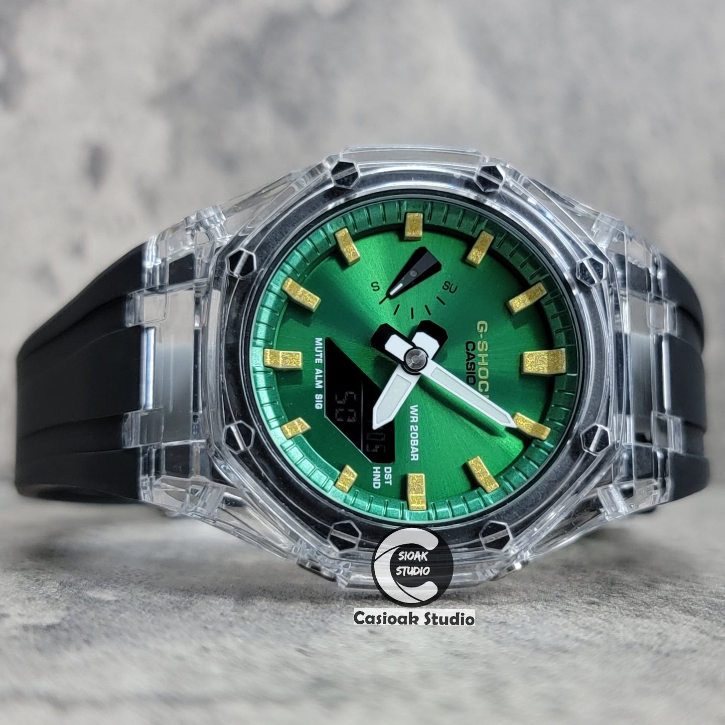 Casioak Mod Transparent Case Black Strap Green Gold Time Mark Green Dial 44mm- Casioak Mod Casio G-Shock Royal Oak Custom Mens Luxury Watches Ga2100