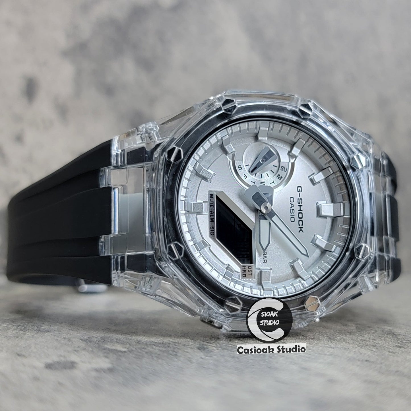 Casioak Mod Transparent Case Black Strap Silver Time Mark Silver Dial 44mm- Casioak Mod Casio G-Shock Royal Oak Custom Mens Luxury Watches Ga2100