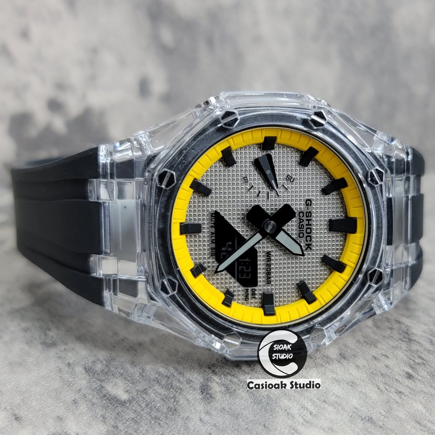 Casioak Mod Transparent Case Black Strap Yellow Black Time Mark Gray Waffle Dial 44mm- Casioak Mod Casio G-Shock Royal Oak Custom Mens Luxury Watches Ga2100