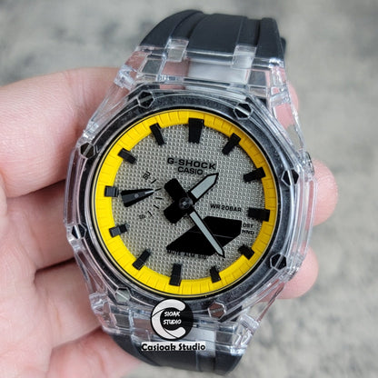 Casioak Mod Transparent Case Black Strap Yellow Black Time Mark Gray Waffle Dial 44mm- Casioak Mod Casio G-Shock Royal Oak Custom Mens Luxury Watches Ga2100