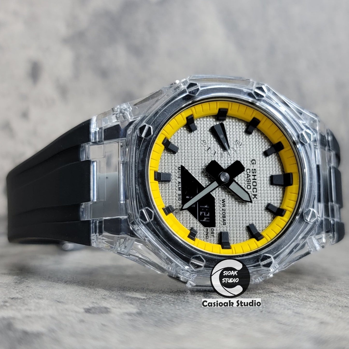 Casioak Mod Transparent Case Black Strap Yellow Black Time Mark Gray Waffle Dial 44mm- Casioak Mod Casio G-Shock Royal Oak Custom Mens Luxury Watches Ga2100