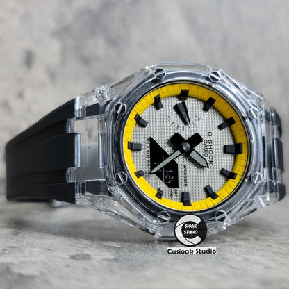 Casioak Mod Transparent Case Black Strap Yellow Black Time Mark Gray Waffle Dial 44mm- Casioak Mod Casio G-Shock Royal Oak Custom Mens Luxury Watches Ga2100