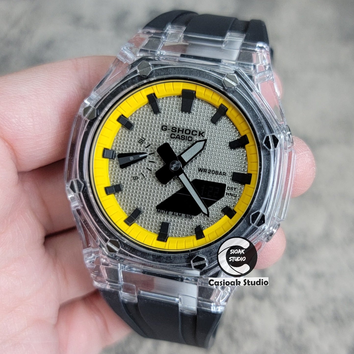 Casioak Mod Transparent Case Black Strap Yellow Black Time Mark Gray Waffle Dial 44mm- Casioak Mod Casio G-Shock Royal Oak Custom Mens Luxury Watches Ga2100