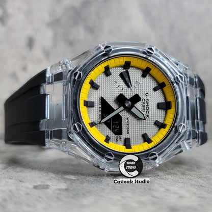 Casioak Mod Transparent Case Black Strap Yellow Black Time Mark Gray Waffle Dial 44mm- Casioak Mod Casio G-Shock Royal Oak Custom Mens Luxury Watches Ga2100