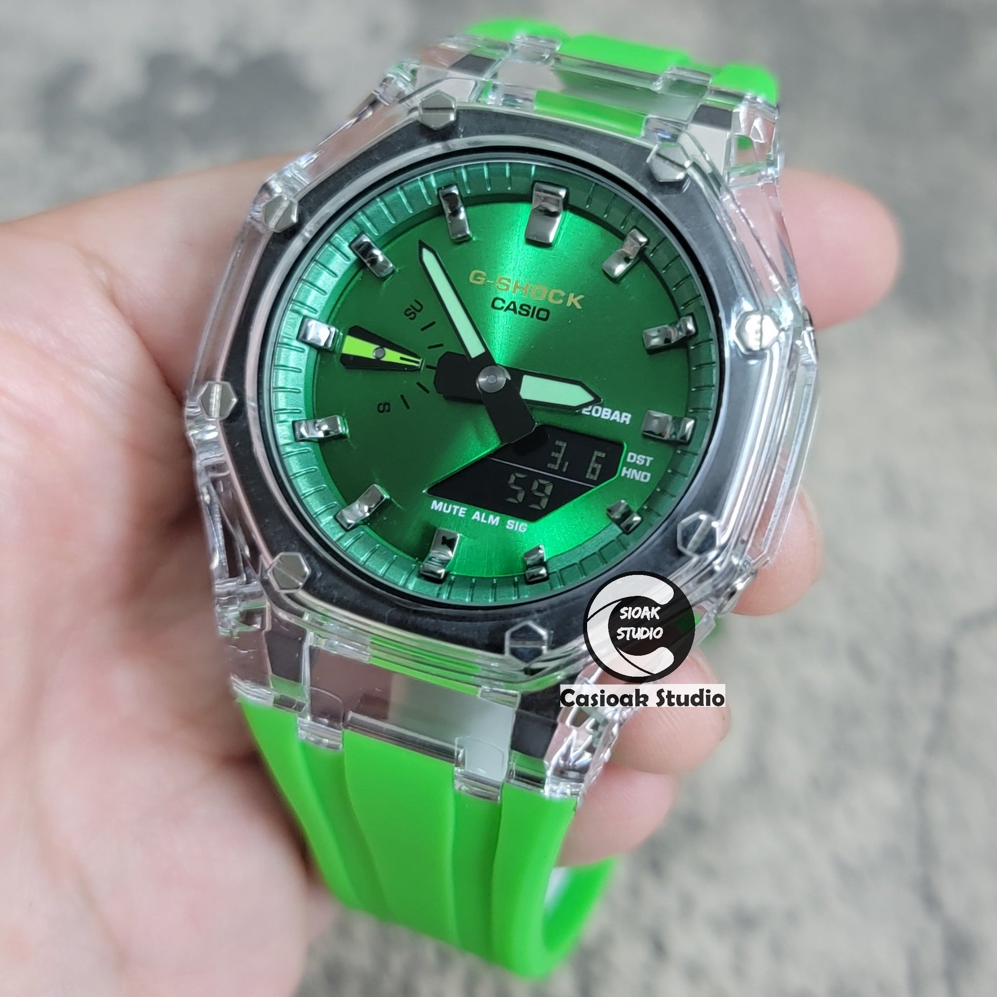 Casioak Mod Transparent Case Green Strap Green Silver Time Mark Green Dial 44mm- Casioak Mod Casio G-Shock Royal Oak Custom Mens Luxury Watches Ga2100