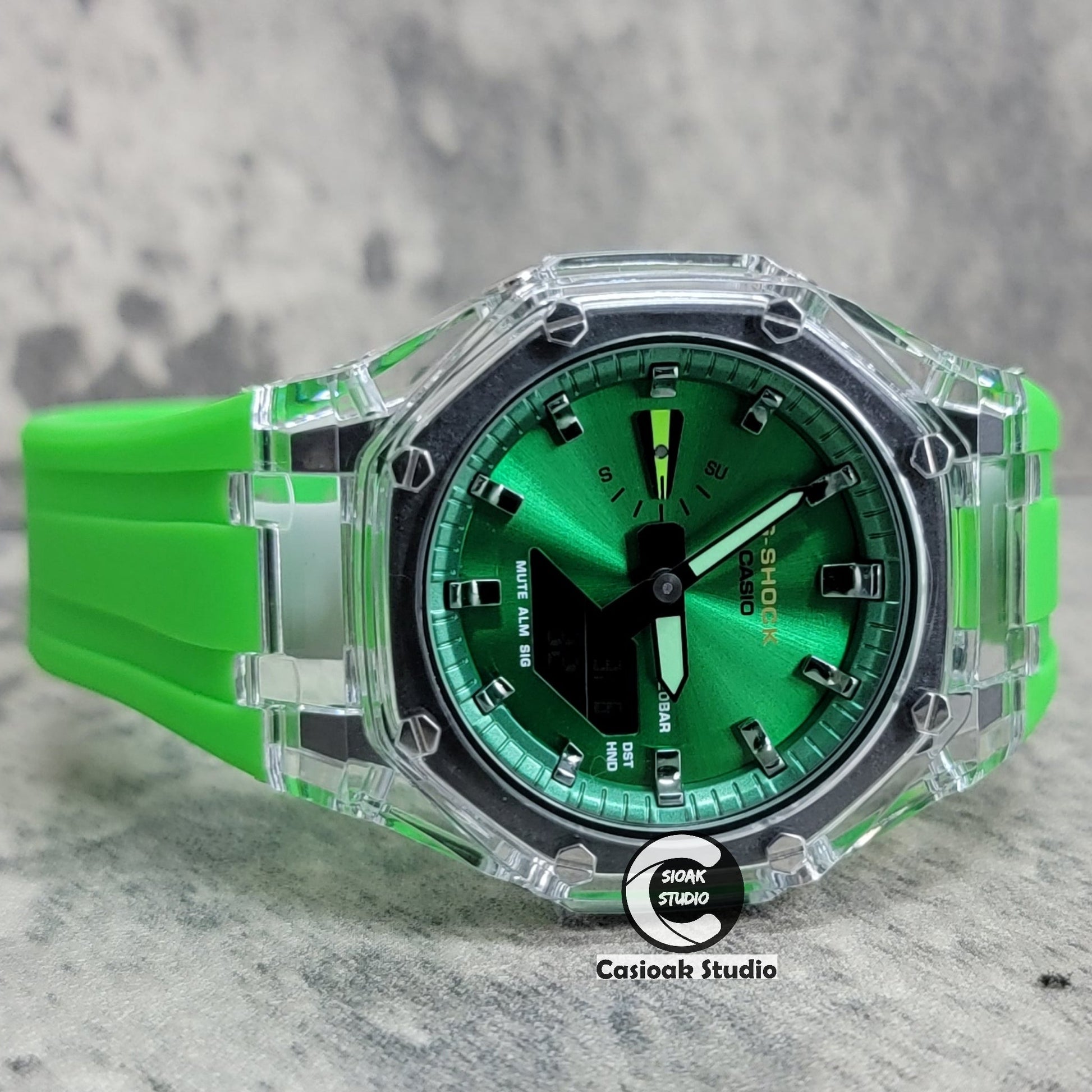 Casioak Mod Transparent Case Green Strap Green Silver Time Mark Green Dial 44mm- Casioak Mod Casio G-Shock Royal Oak Custom Mens Luxury Watches Ga2100