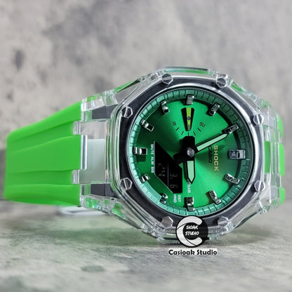 Casioak Mod Transparent Case Green Strap Green Silver Time Mark Green Dial 44mm- Casioak Mod Casio G-Shock Royal Oak Custom Mens Luxury Watches Ga2100