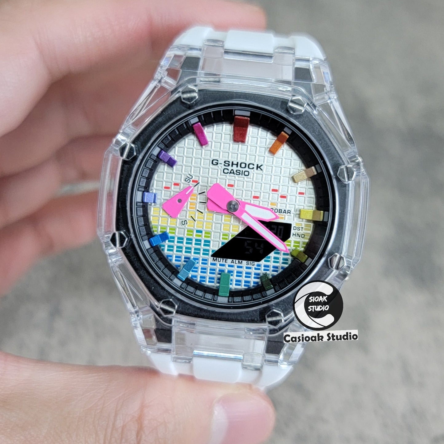 Casioak Mod Transparent Case White Strap Black Rainbow Time Mark Music Dial 44mm- Casioak Mod Casio G-Shock Royal Oak Custom Mens Luxury Watches Ga2100