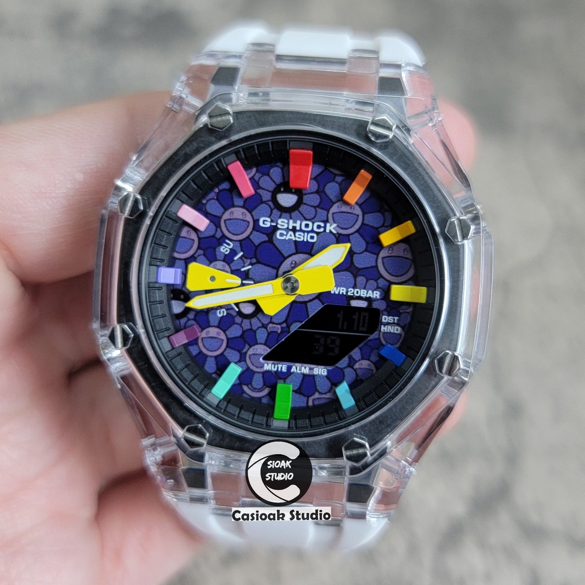 Casioak Mod Transparent Case White Strap Black Rainbow Time Mark Purple Takashi Murakami Dial 44mm- Casioak Mod Casio G-Shock Royal Oak Custom Mens Luxury Watches Ga2100