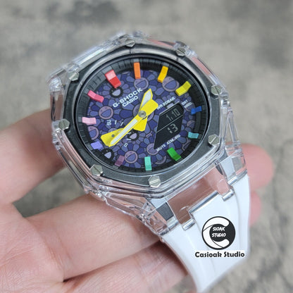 Casioak Mod Transparent Case White Strap Black Rainbow Time Mark Purple Takashi Murakami Dial 44mm- Casioak Mod Casio G-Shock Royal Oak Custom Mens Luxury Watches Ga2100