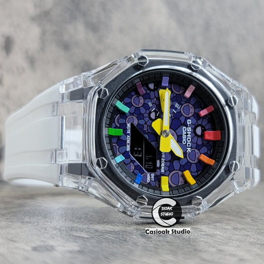 Casioak Mod Transparent Case White Strap Black Rainbow Time Mark Purple Takashi Murakami Dial 44mm- Casioak Mod Casio G-Shock Royal Oak Custom Mens Luxury Watches Ga2100