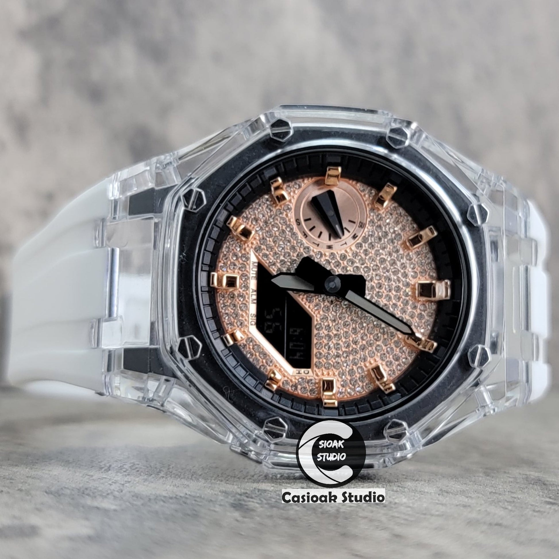 Casioak Mod Transparent Case White Strap Black Rose Gold Time Mark Rose Gold Diamond Dial 44mm- Casioak Mod Casio G-Shock Royal Oak Custom Mens Luxury Watches Ga2100