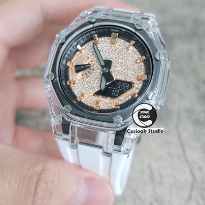 Casioak Mod Transparent Case White Strap Black Rose Gold Time Mark Rose Gold Diamond Dial 44mm- Casioak Mod Casio G-Shock Royal Oak Custom Mens Luxury Watches Ga2100