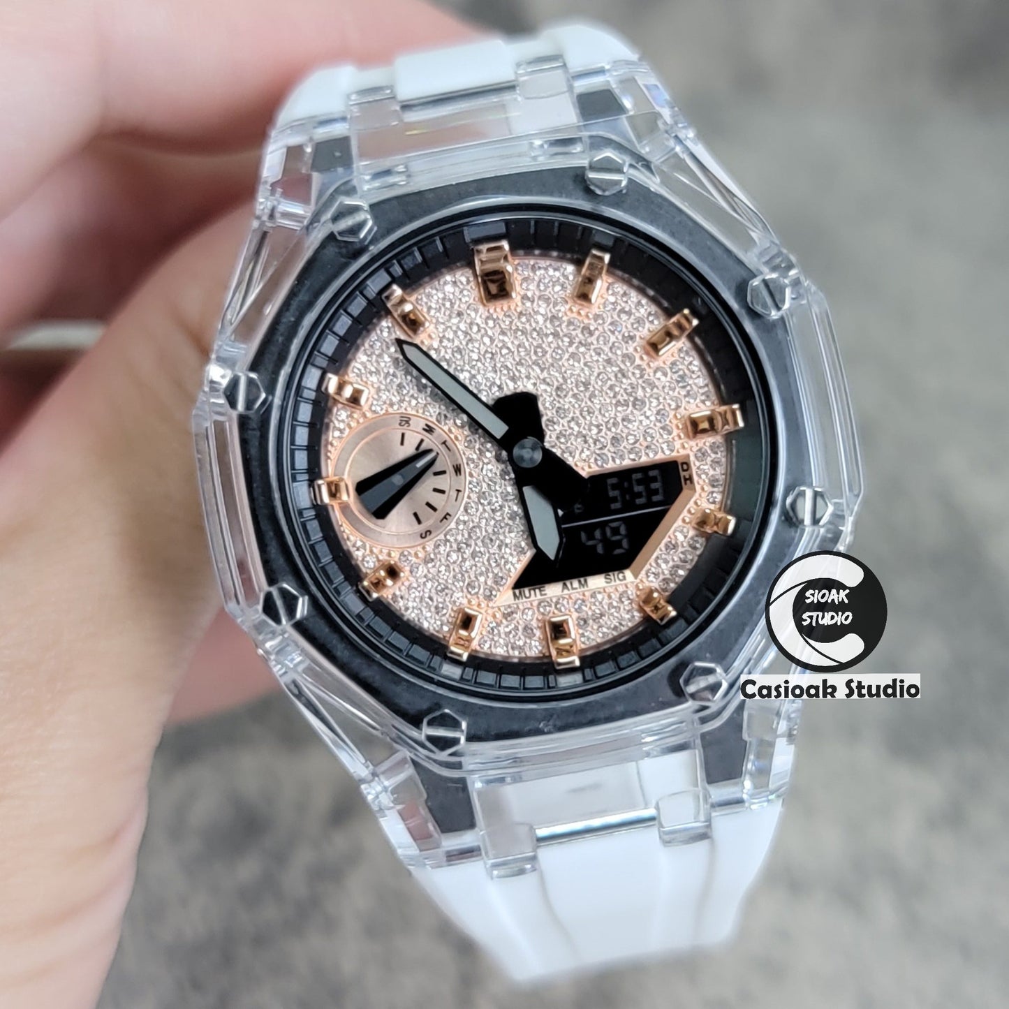 Casioak Mod Transparent Case White Strap Black Rose Gold Time Mark Rose Gold Diamond Dial 44mm- Casioak Mod Casio G-Shock Royal Oak Custom Mens Luxury Watches Ga2100