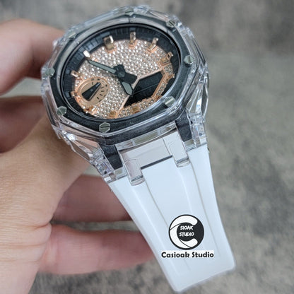 Casioak Mod Transparent Case White Strap Black Rose Gold Time Mark Rose Gold Diamond Dial 44mm- Casioak Mod Casio G-Shock Royal Oak Custom Mens Luxury Watches Ga2100