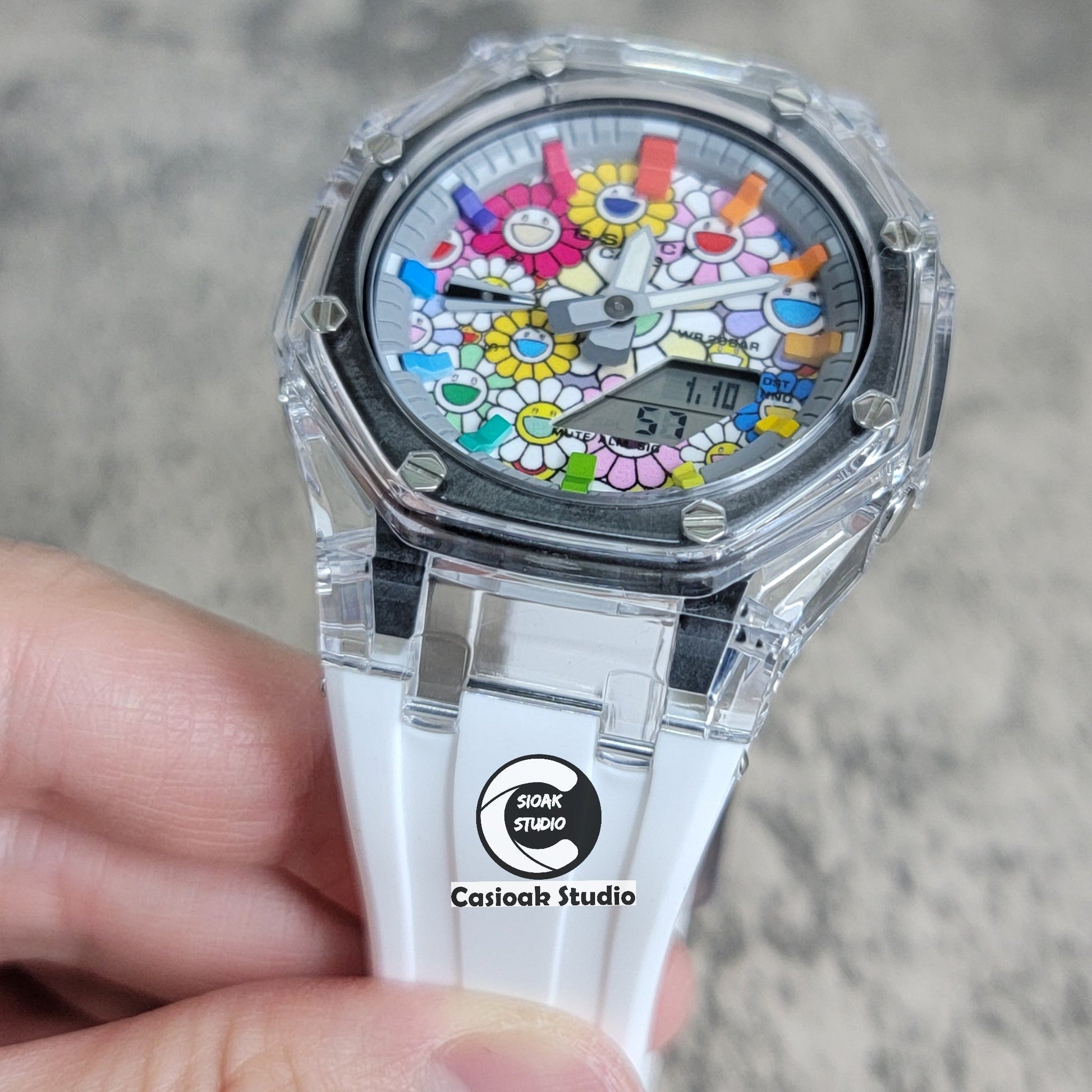 Casioak Mod Transparent Case White Strap Gray Rainbow Time Mark Takashi Murakami Dial 44mm- Casioak Mod Casio G-Shock Royal Oak Custom Mens Luxury Watches Ga2100