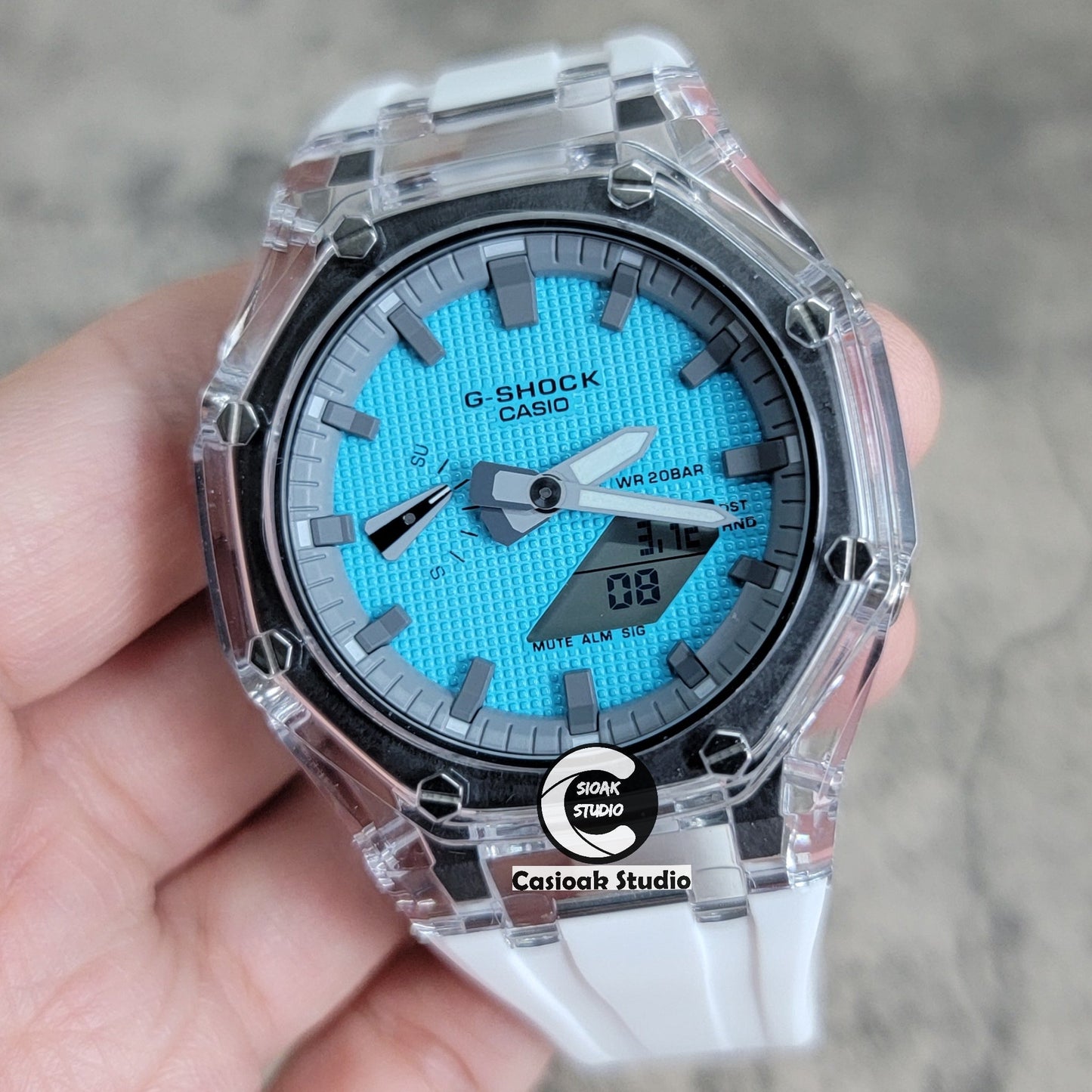 Casioak Mod Transparent Case White Strap Gray Time Mark Tiff Blue Waffle Dial 44mm- Casioak Mod Casio G-Shock Royal Oak Custom Mens Luxury Watches Ga2100