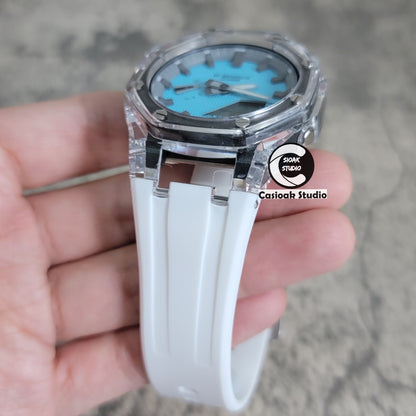 Casioak Mod Transparent Case White Strap Gray Time Mark Tiff Blue Waffle Dial 44mm- Casioak Mod Casio G-Shock Royal Oak Custom Mens Luxury Watches Ga2100