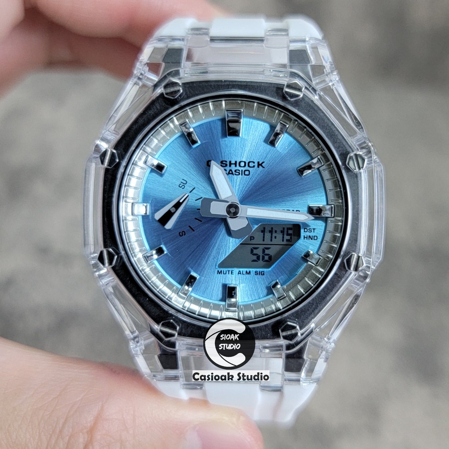 Casioak Mod Transparent Case White Strap Silver Time Mark Ice Blue Dial 44mm- Casioak Mod Casio G-Shock Royal Oak Custom Mens Luxury Watches Ga2100