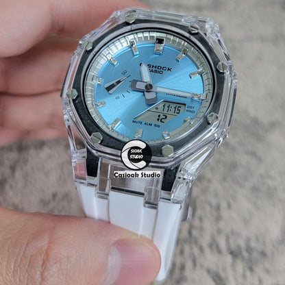 Casioak Mod Transparent Case White Strap Silver Time Mark Ice Blue Dial 44mm- Casioak Mod Casio G-Shock Royal Oak Custom Mens Luxury Watches Ga2100