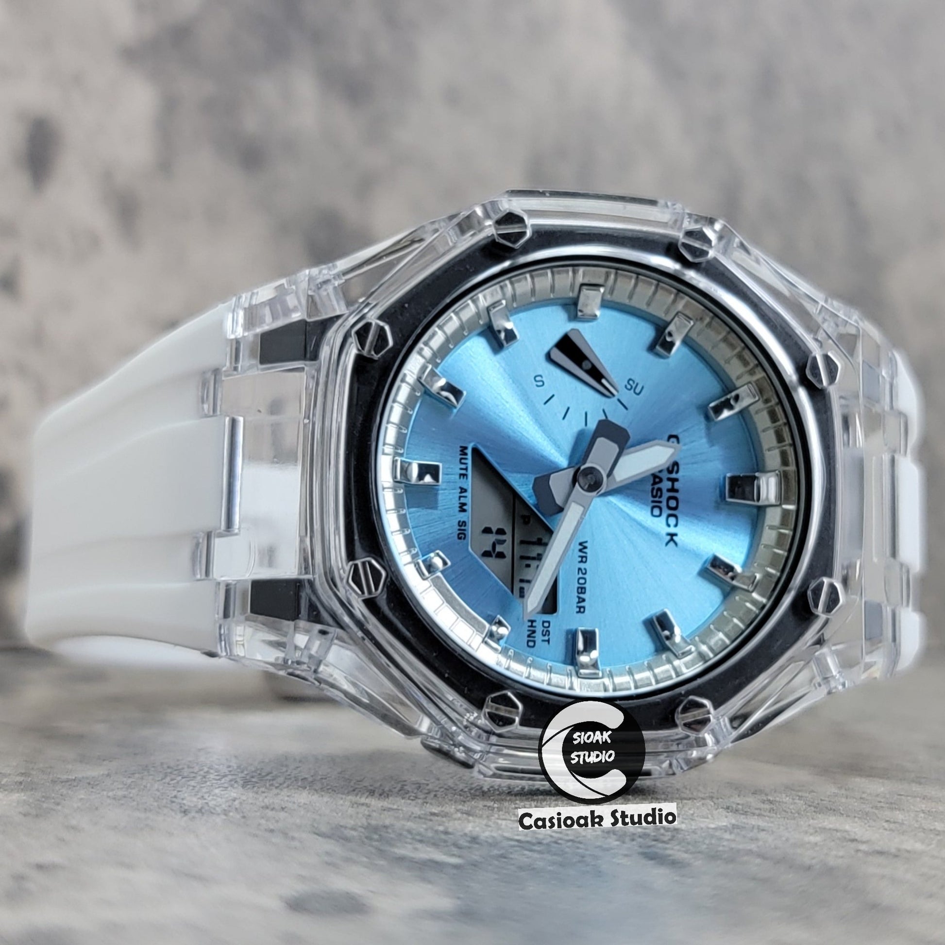 Casioak Mod Transparent Case White Strap Silver Time Mark Ice Blue Dial 44mm- Casioak Mod Casio G-Shock Royal Oak Custom Mens Luxury Watches Ga2100