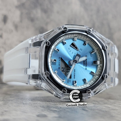 Casioak Mod Transparent Case White Strap Silver Time Mark Ice Blue Dial 44mm- Casioak Mod Casio G-Shock Royal Oak Custom Mens Luxury Watches Ga2100