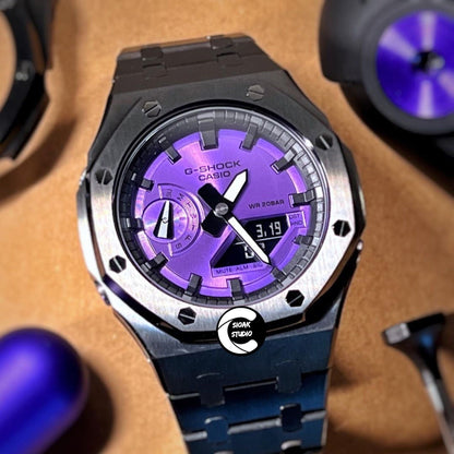 Casioak Mod Watch Black Case Black Metal Strap Black Time Mark Purple Dial 44mm- Casioak Mod Casio G-Shock Royal Oak Custom Mens Luxury Watches Ga2100