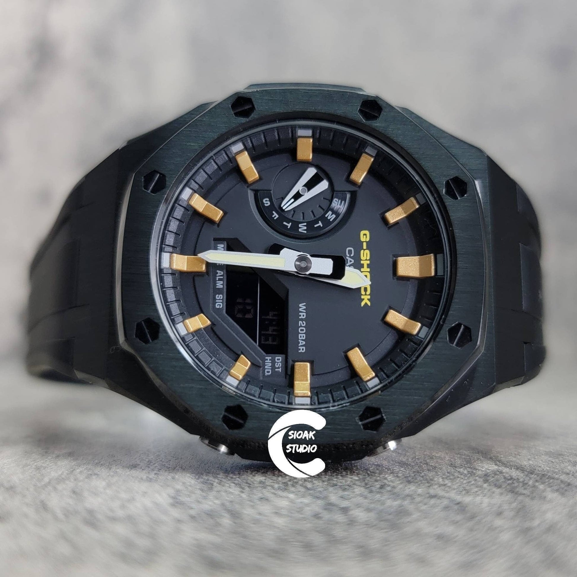 Casioak Mod Watch Black Case Black Rubber Strap Black Gold Time Mark Black Dial 44mm- Casioak Mod Casio G-Shock Royal Oak Custom Mens Luxury Watches Ga2100