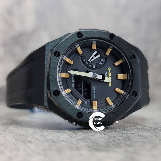 Casioak Mod Watch Black Case Black Rubber Strap Black Gold Time Mark Black Dial 44mm- Casioak Mod Casio G-Shock Royal Oak Custom Mens Luxury Watches Ga2100