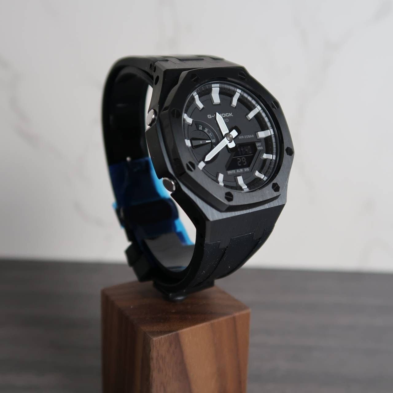 Casioak Mod Watch Black Case Black Rubber Strap Black Gray Time Mark Black Dial 44mm- Casioak Mod Casio G-Shock Royal Oak Custom Mens Luxury Watches Ga2100