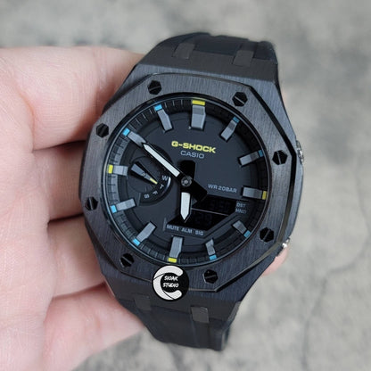 Casioak Mod Watch Black Case Black Rubber Strap Black Gray Time Mark Black Dial 44mm- Casioak Mod Casio G-Shock Royal Oak Custom Mens Luxury Watches Ga2100