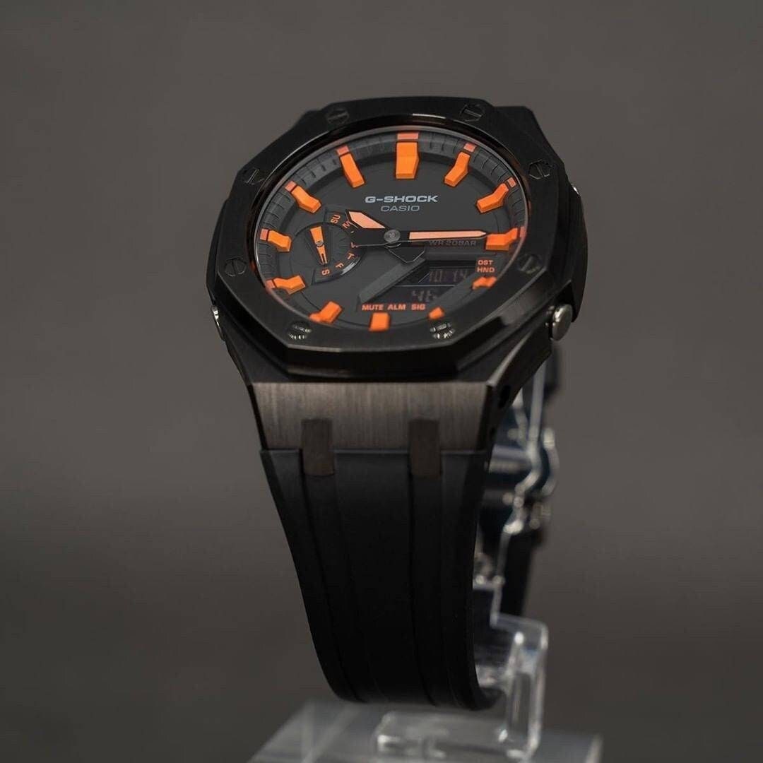 Casioak Mod Watch Black Case Black Rubber Strap Black Orange Time Mark Black Dial 44 mm- Casioak Mod Casio G-Shock Royal Oak Custom Mens Luxury Watches Ga2100