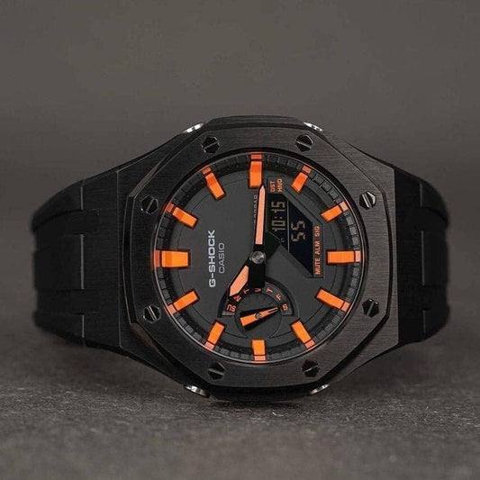 Casioak Mod Watch Black Case Black Rubber Strap Black Orange Time Mark Black Dial 44 mm- Casioak Mod Casio G-Shock Royal Oak Custom Mens Luxury Watches Ga2100